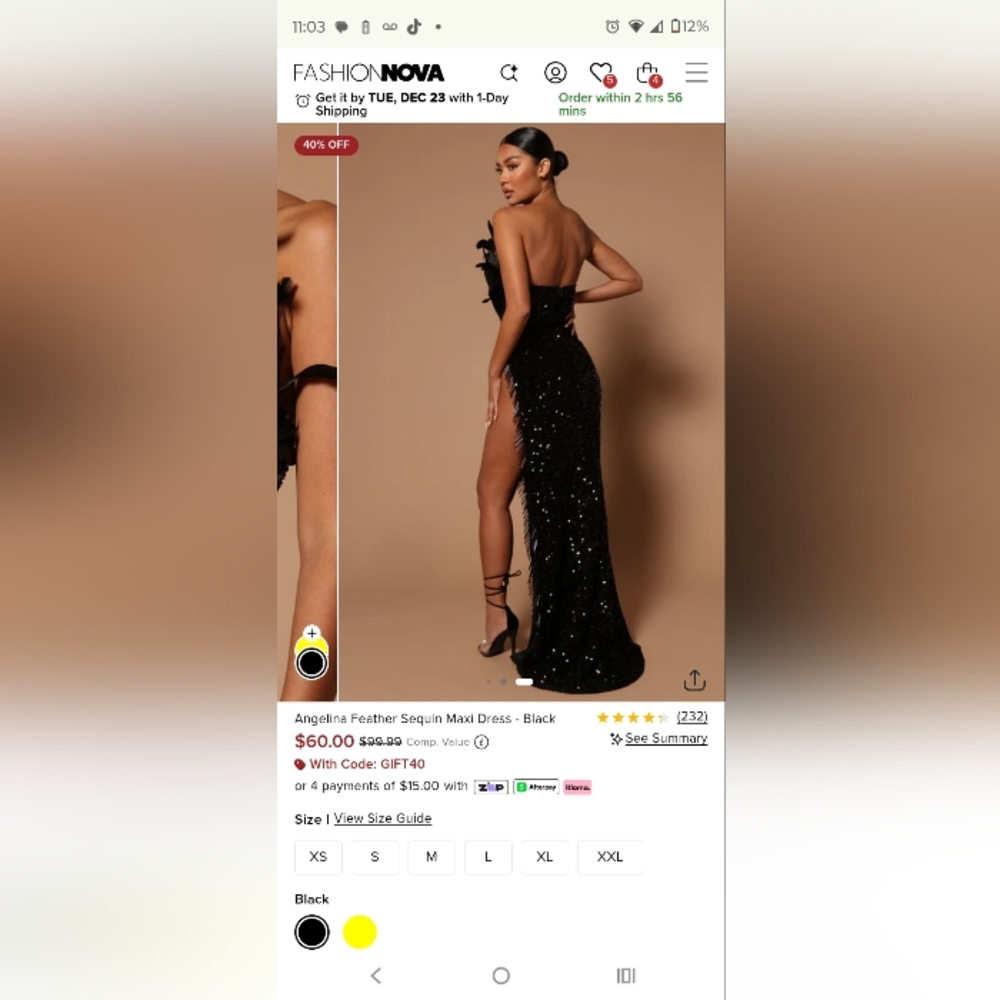 Fashion Nova Black Sequin Gown with Feather Accents